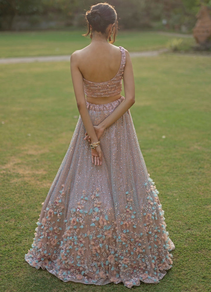 Peach Floral One Shoulder Lehenga Set Angad Singh - Fabilicious Fashion