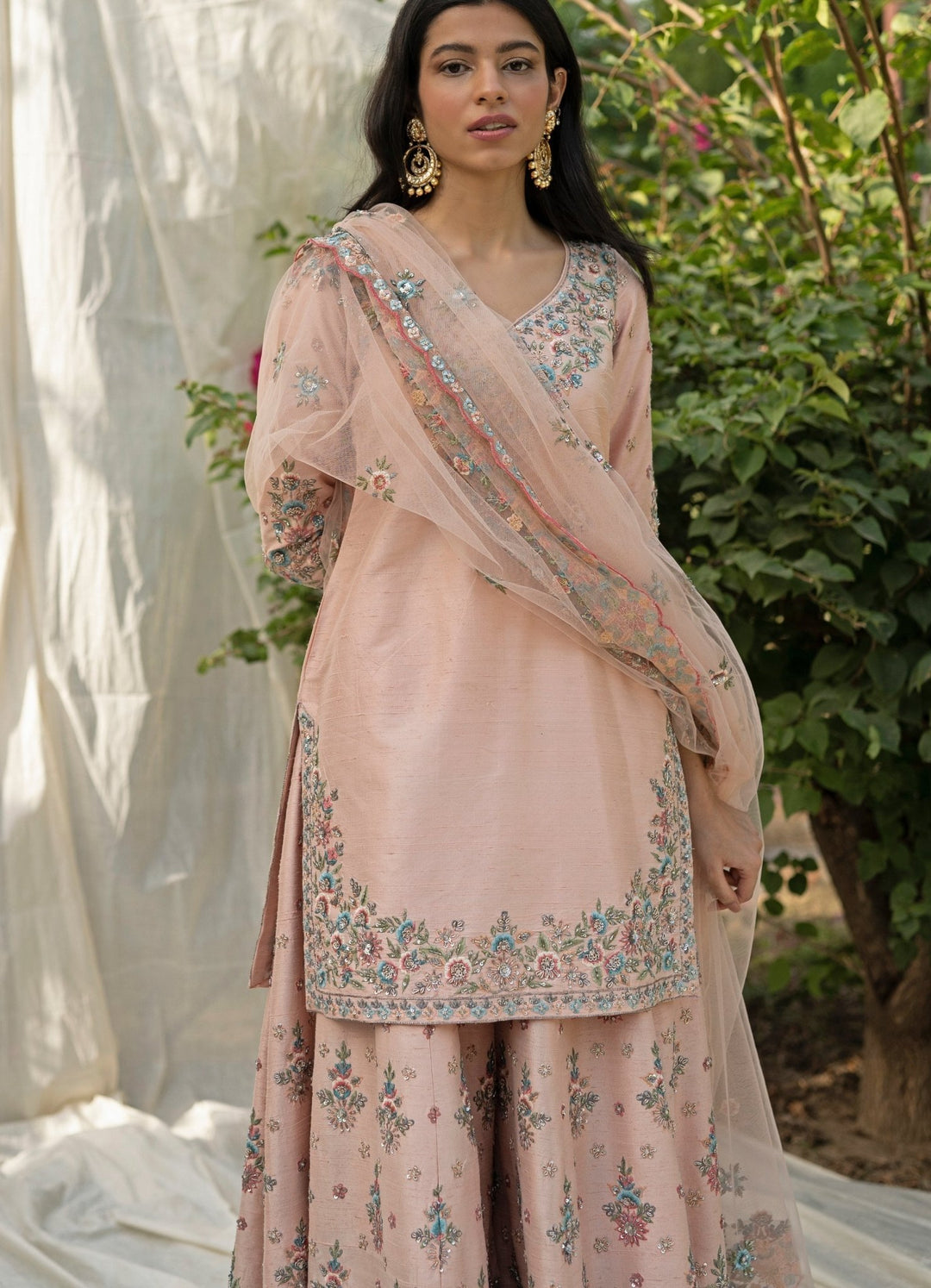 Peach Floral Resham Embroidered Raw Silk Sharara Set Angad Singh - Fabilicious Fashion