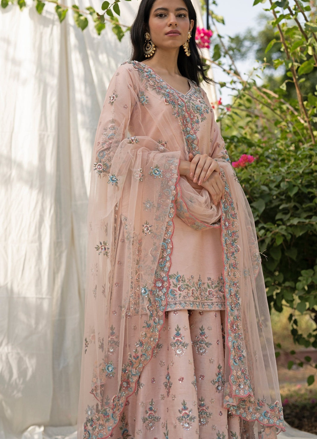 Peach Floral Resham Embroidered Raw Silk Sharara Set Angad Singh - Fabilicious Fashion