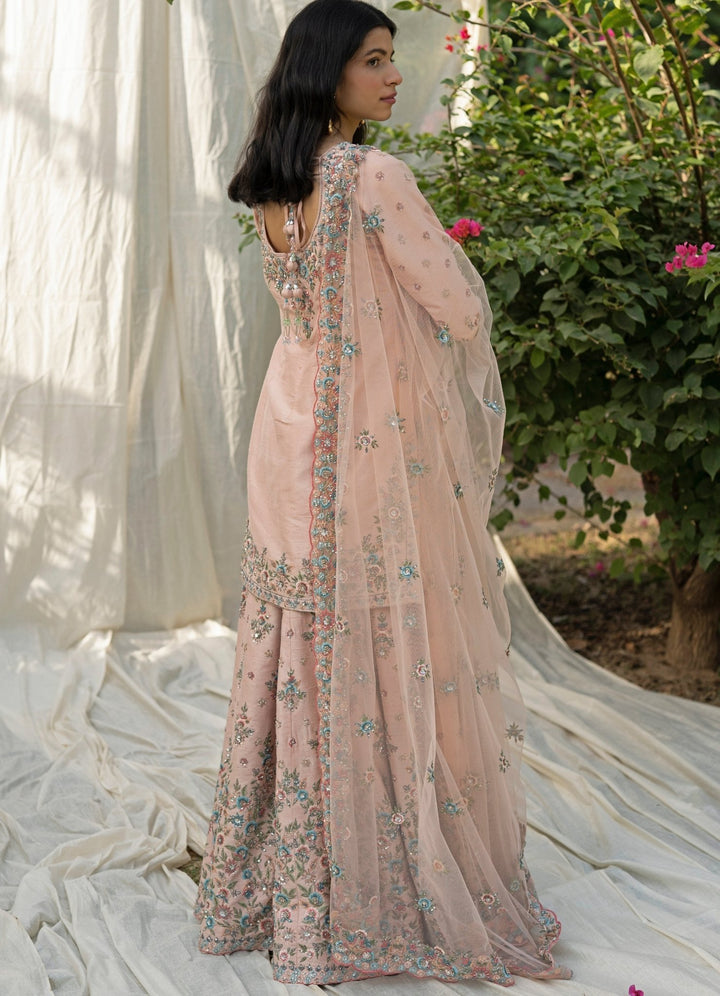 Peach Floral Resham Embroidered Raw Silk Sharara Set Angad Singh - Fabilicious Fashion