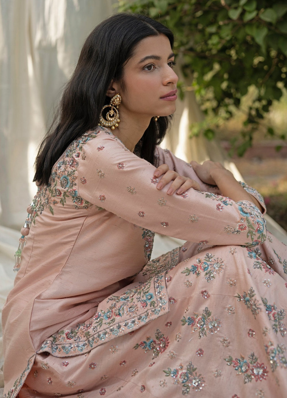Peach Floral Resham Embroidered Raw Silk Sharara Set Angad Singh - Fabilicious Fashion