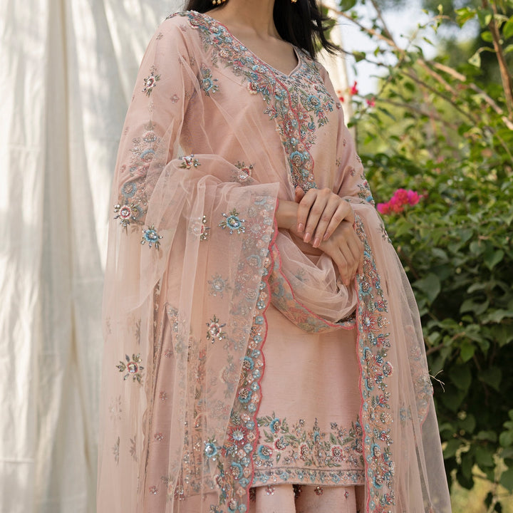 Peach Floral Resham Embroidered Raw Silk Sharara Set Angad Singh - Fabilicious Fashion