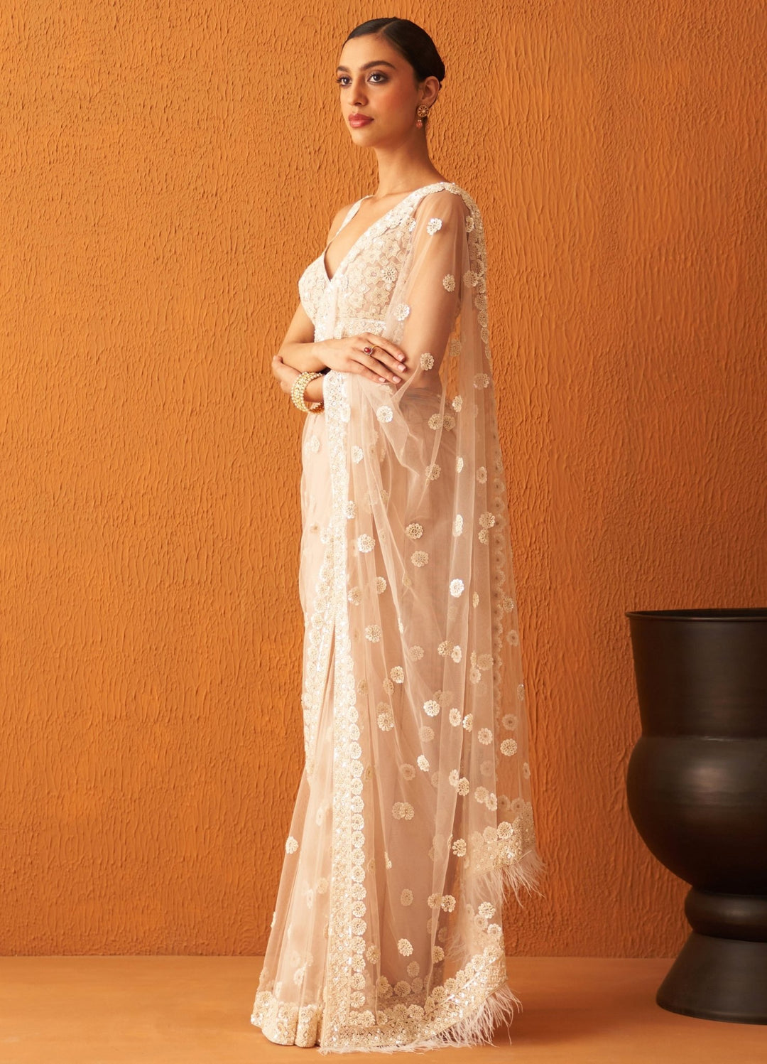 Peach Floral Sequinned Embellished Net Saree Angad Singh - Fabilicious Fashion
