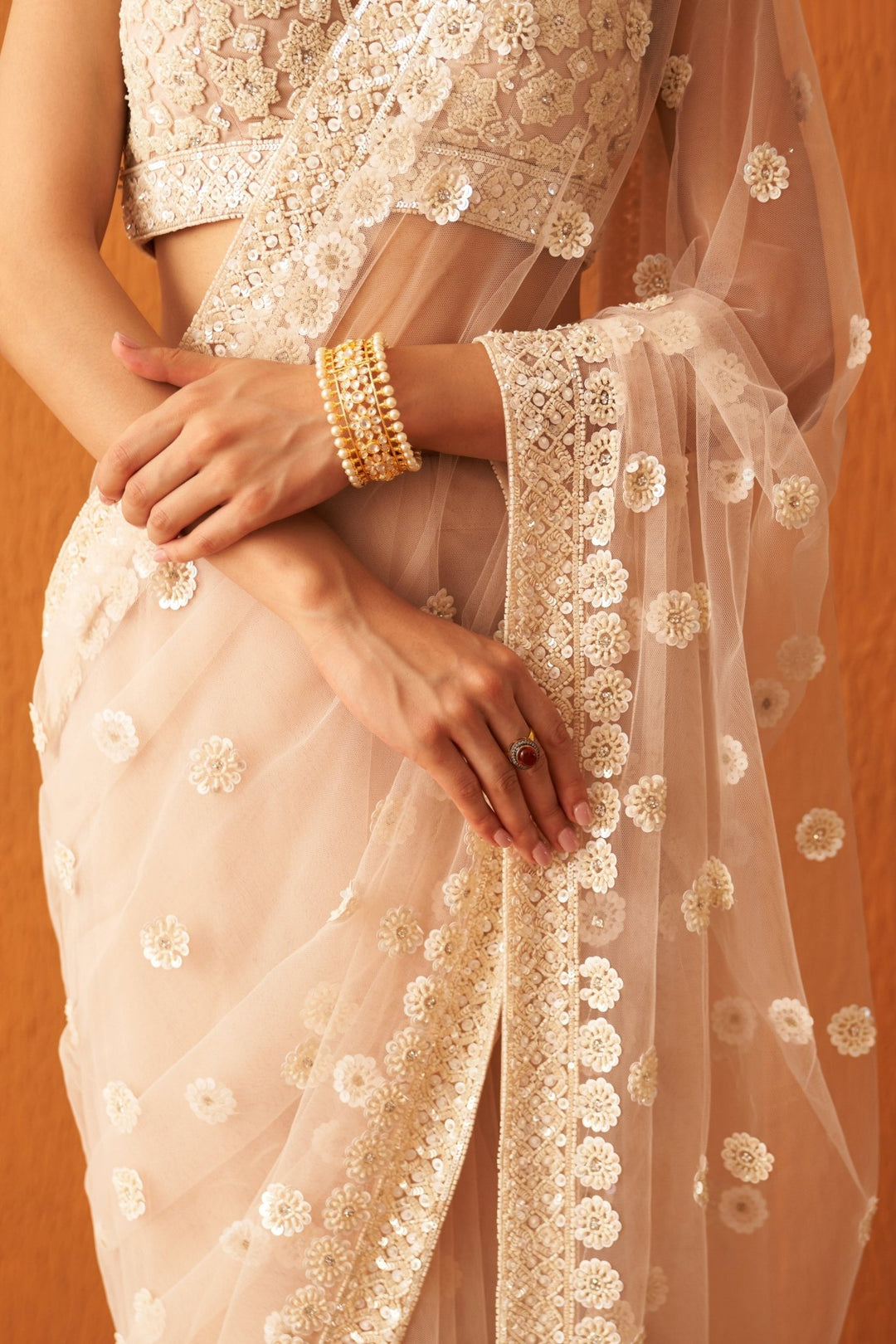 Peach Floral Sequinned Embellished Net Saree Angad Singh - Fabilicious Fashion