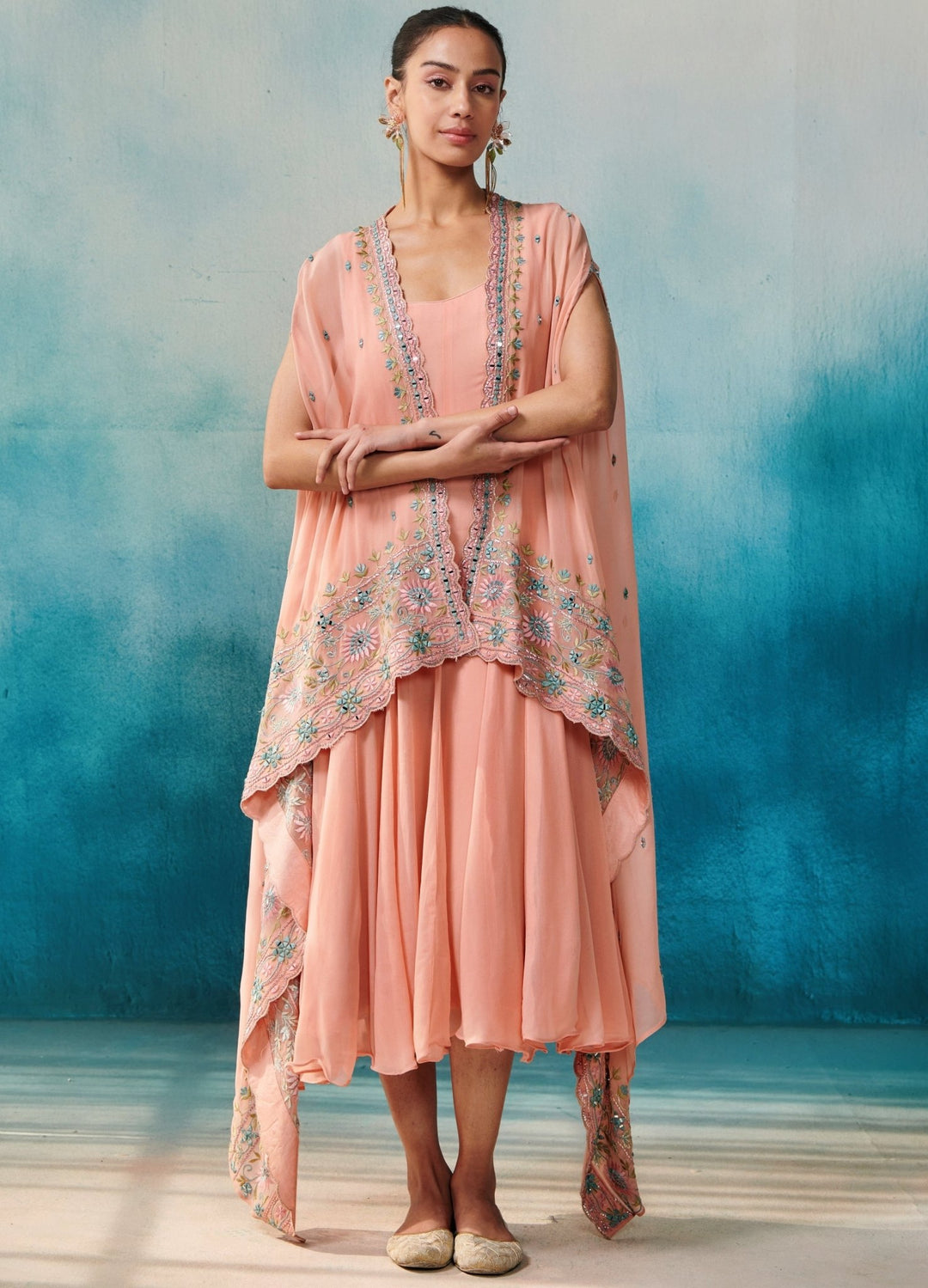 Peach Georgette Flared Dress Cape Set Suhino - Fabilicious Fashion