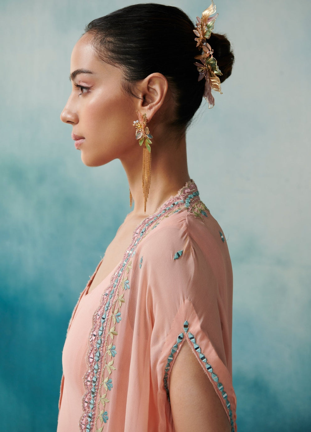 Peach Georgette Flared Dress Cape Set Suhino - Fabilicious Fashion