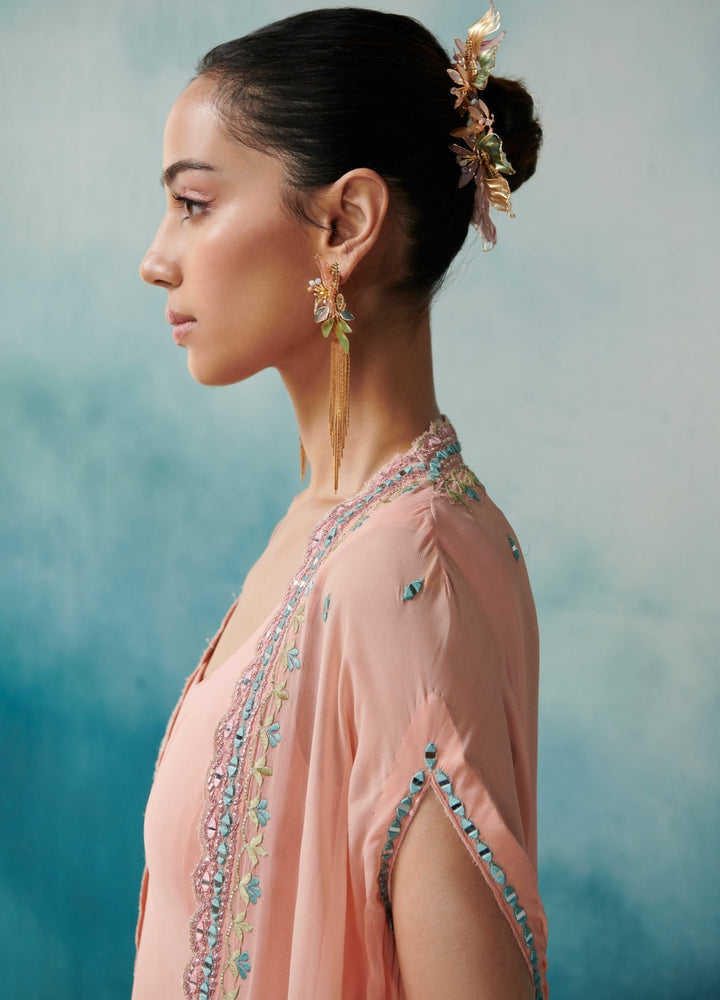 Peach Georgette Flared Dress Cape Set Suhino - Fabilicious Fashion