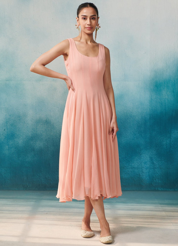 Peach Georgette Flared Dress Cape Set Suhino - Fabilicious Fashion