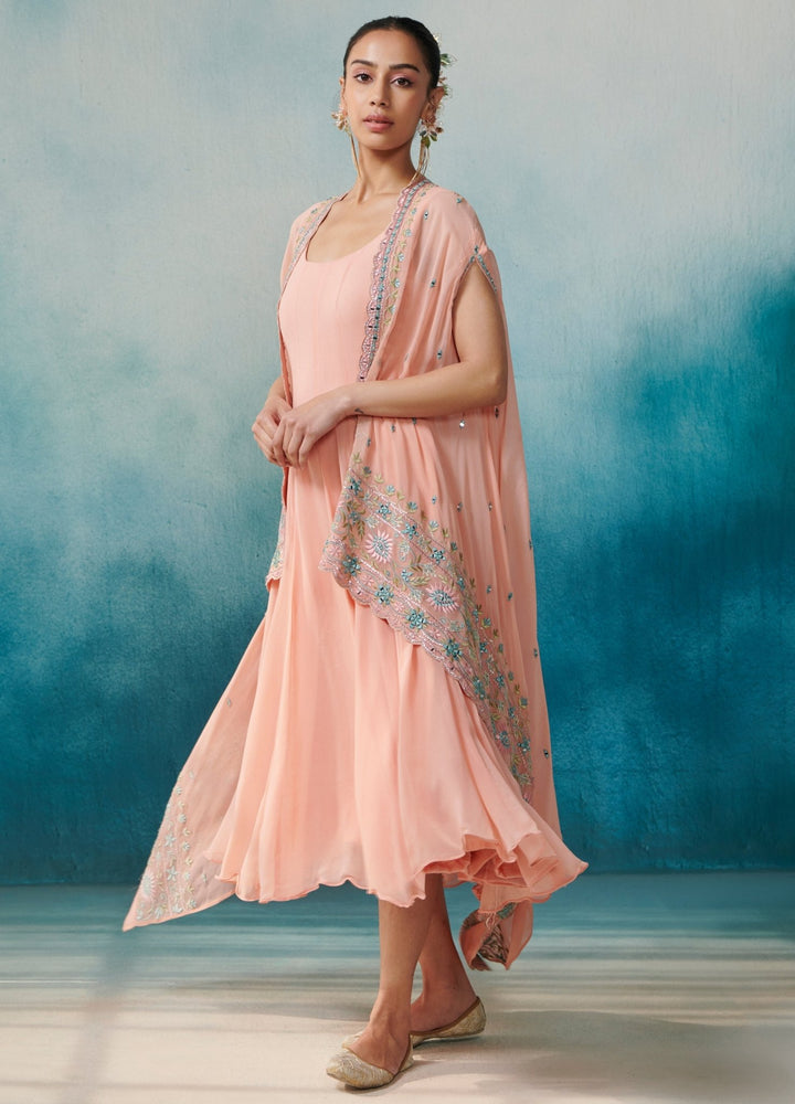 Peach Georgette Flared Dress Cape Set Suhino - Fabilicious Fashion