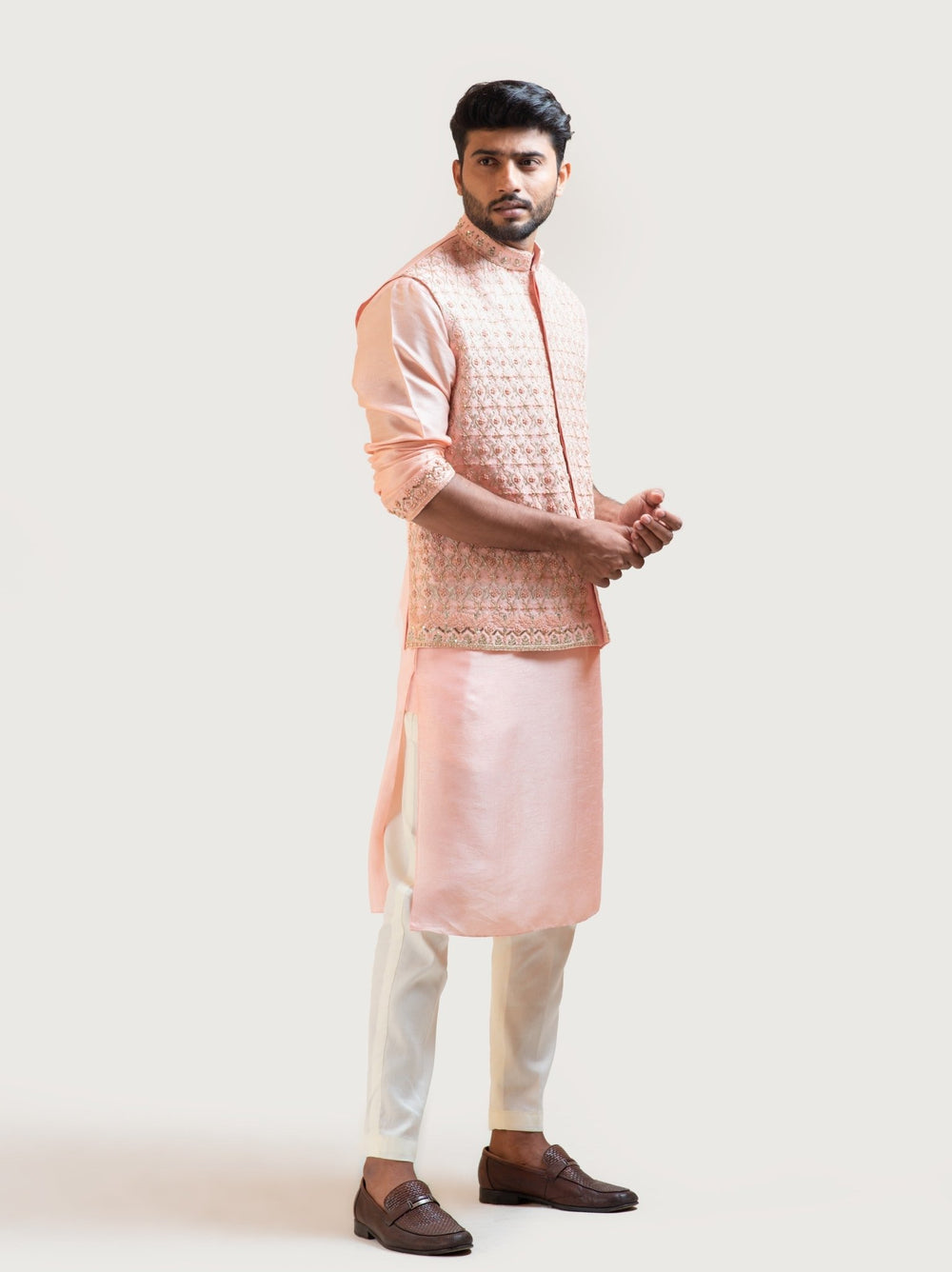 Peach Hand Embroidered Kurta Set with a Jacket Smriti - Fabilicious Fashion