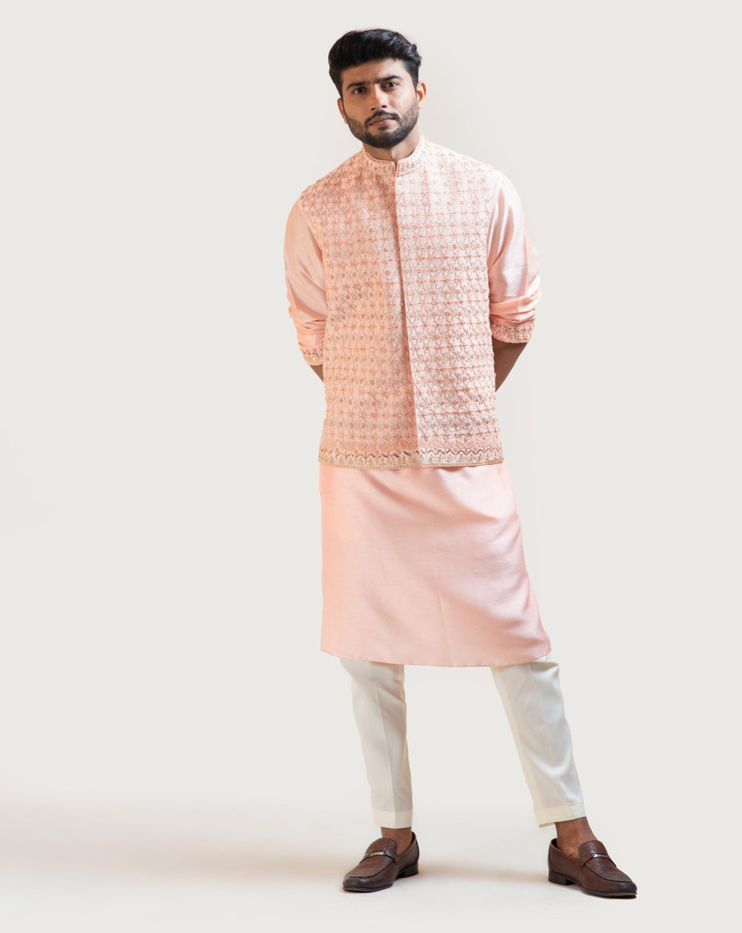 Peach Hand Embroidered Kurta Set with a Jacket Smriti - Fabilicious Fashion