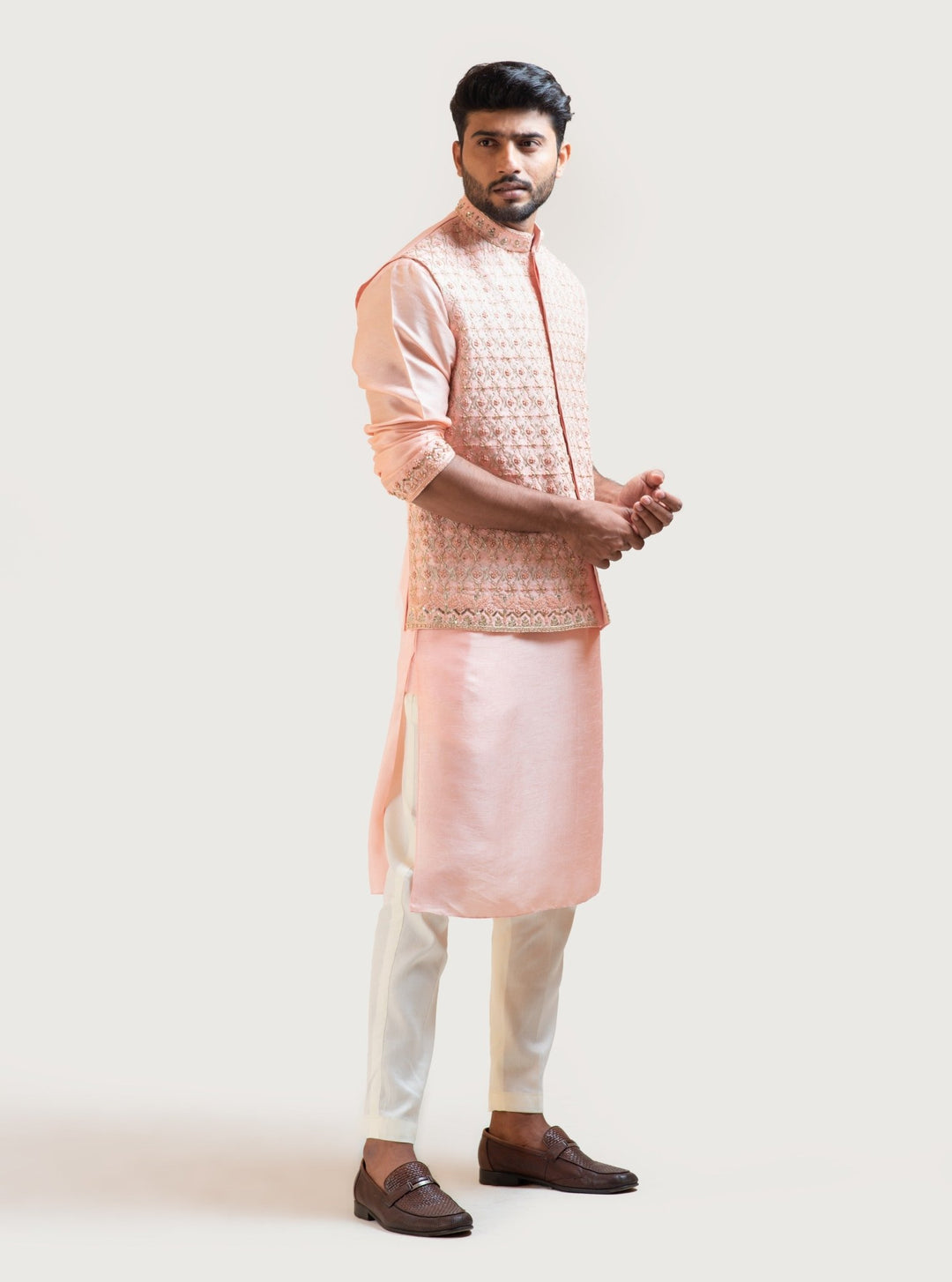 Peach Hand Embroidered Nehru Jacket Smriti - Fabilicious Fashion