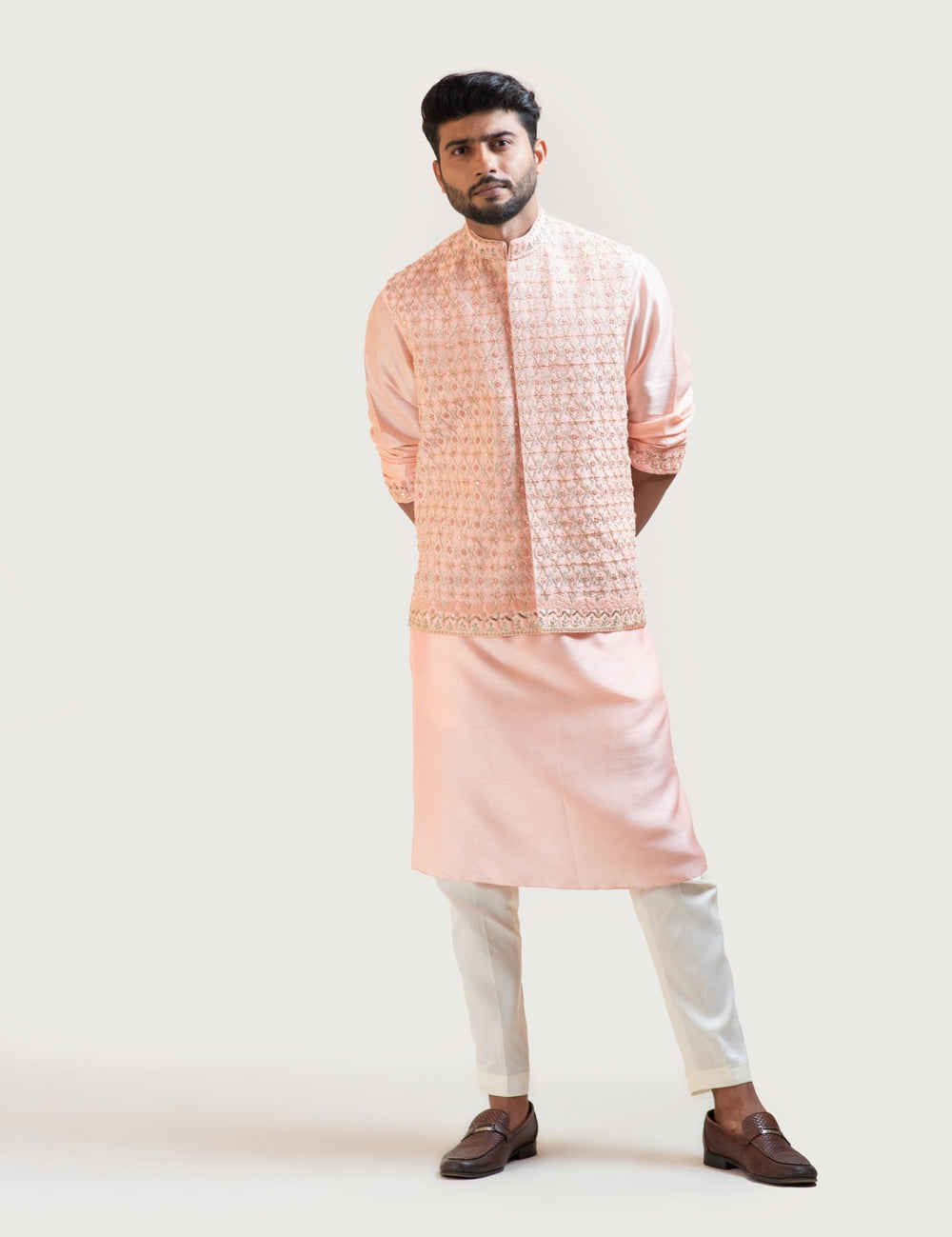 Peach Hand Embroidered Nehru Jacket Smriti - Fabilicious Fashion