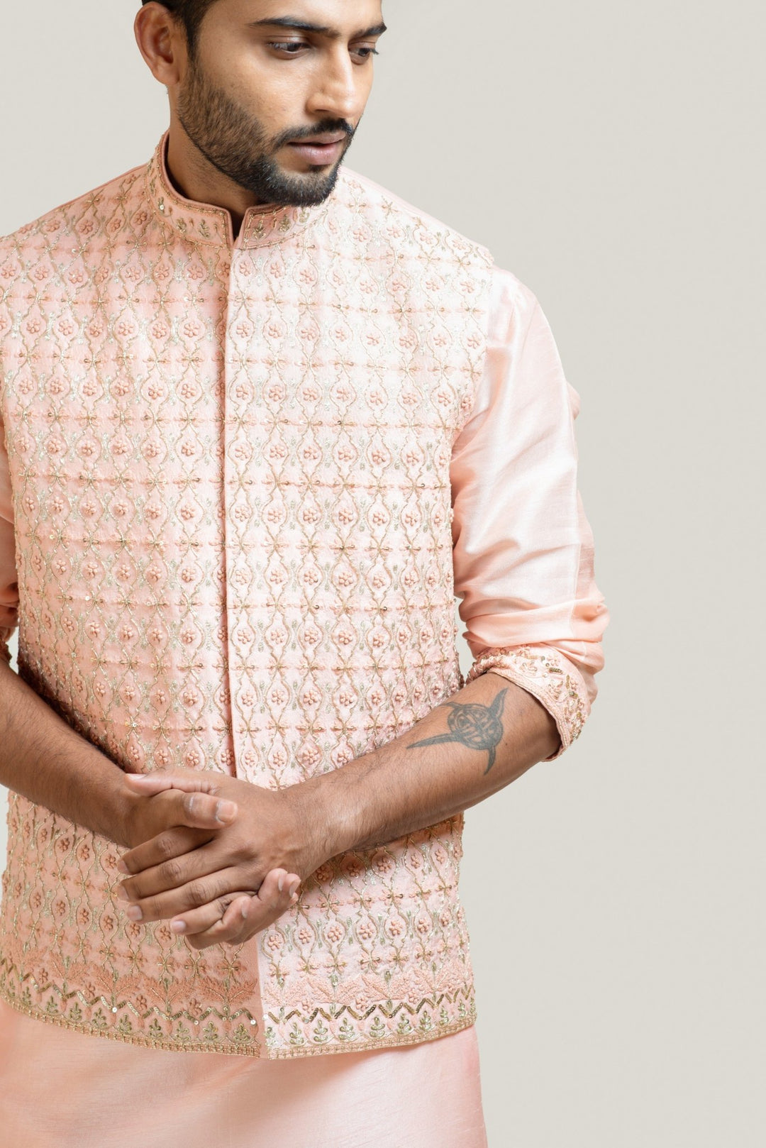 Peach Hand Embroidered Nehru Jacket Smriti - Fabilicious Fashion