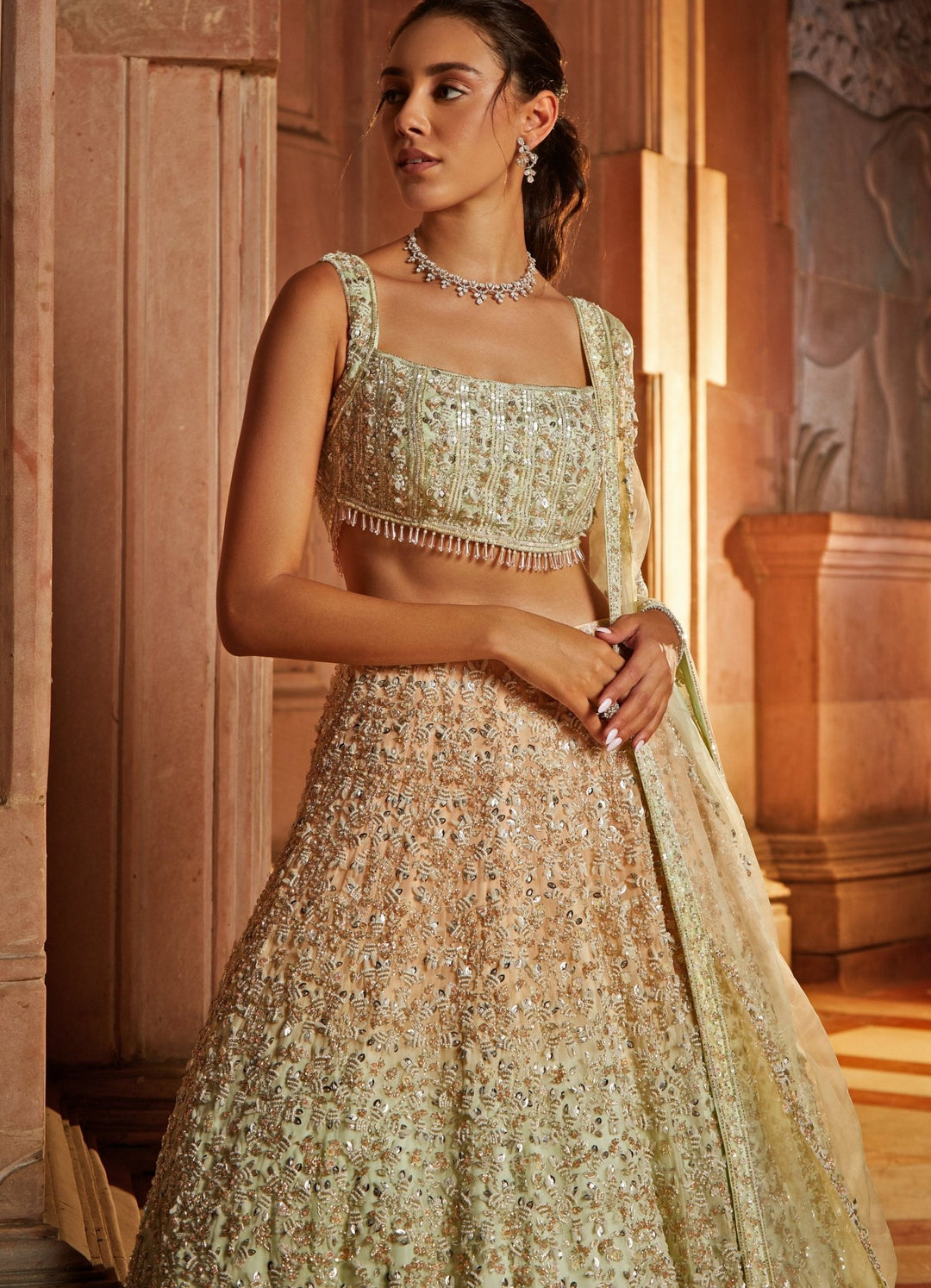 Peach Mint and Gold Organza Lehenga Set Nitika Gujral - Fabilicious Fashion