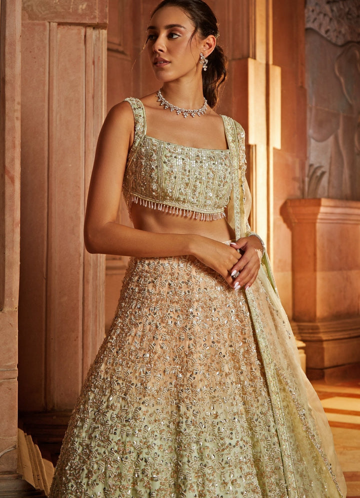 Peach Mint and Gold Organza Lehenga Set Nitika Gujral - Fabilicious Fashion