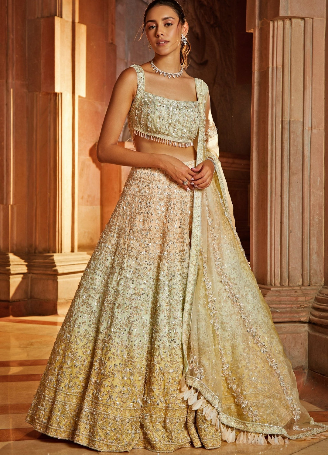 Peach Mint and Gold Organza Lehenga Set Nitika Gujral - Fabilicious Fashion