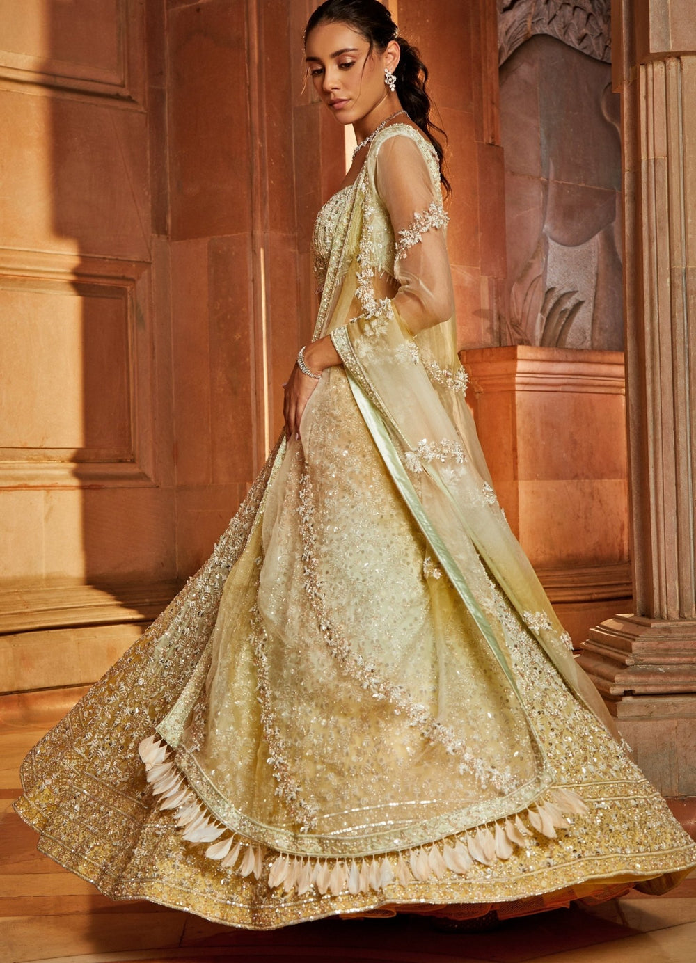 Peach Mint and Gold Organza Lehenga Set Nitika Gujral - Fabilicious Fashion