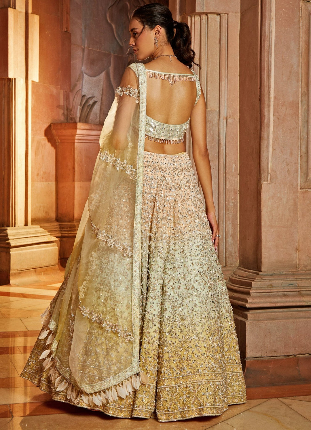 Peach Mint and Gold Organza Lehenga Set Nitika Gujral - Fabilicious Fashion