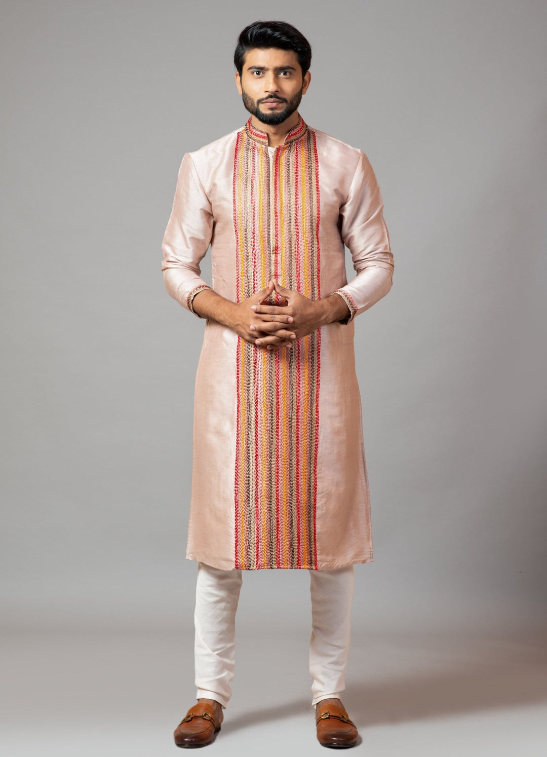 Peach Multicolour Thread Stitch-Lines Kurta Set Smriti - Fabilicious Fashion