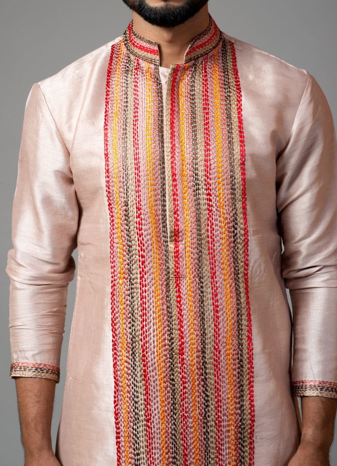 Peach Multicolour Thread Stitch-Lines Kurta Set Smriti - Fabilicious Fashion