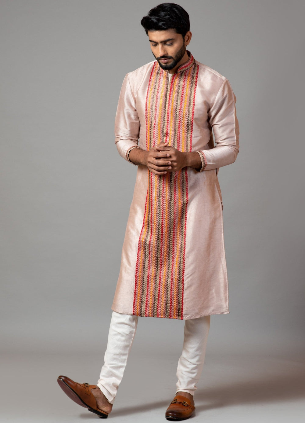 Peach Multicolour Thread Stitch-Lines Kurta Set Smriti - Fabilicious Fashion