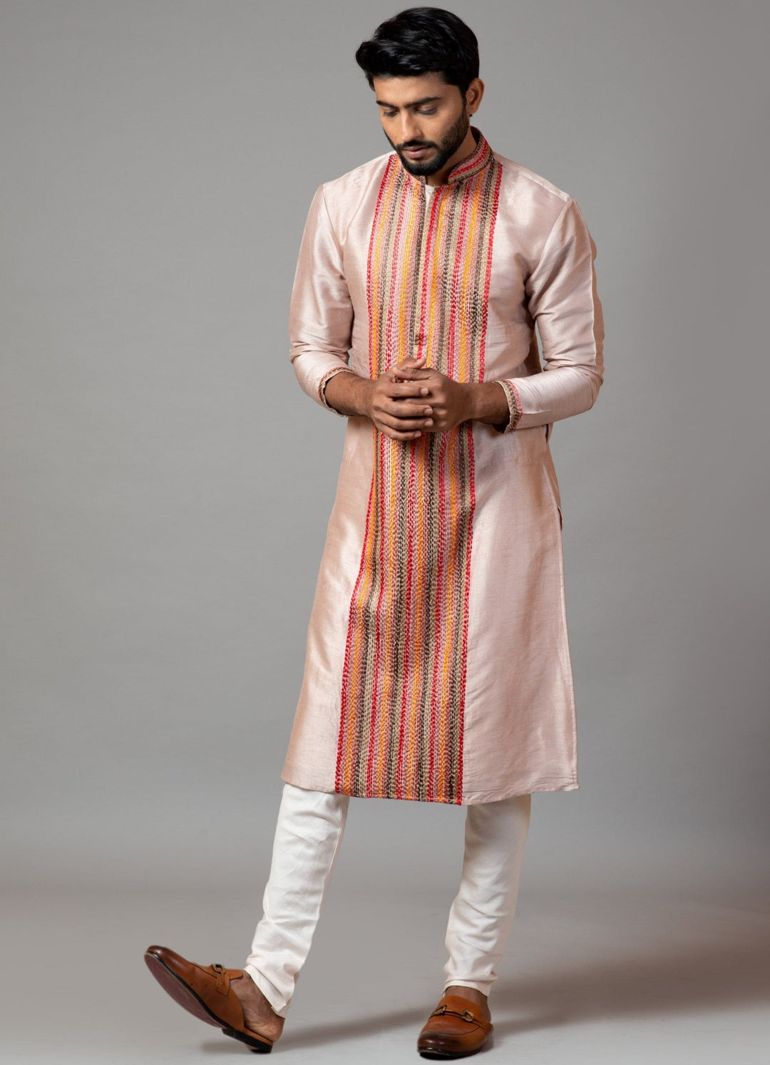 Peach Multicolour Thread Stitch-Lines Kurta Set Smriti - Fabilicious Fashion