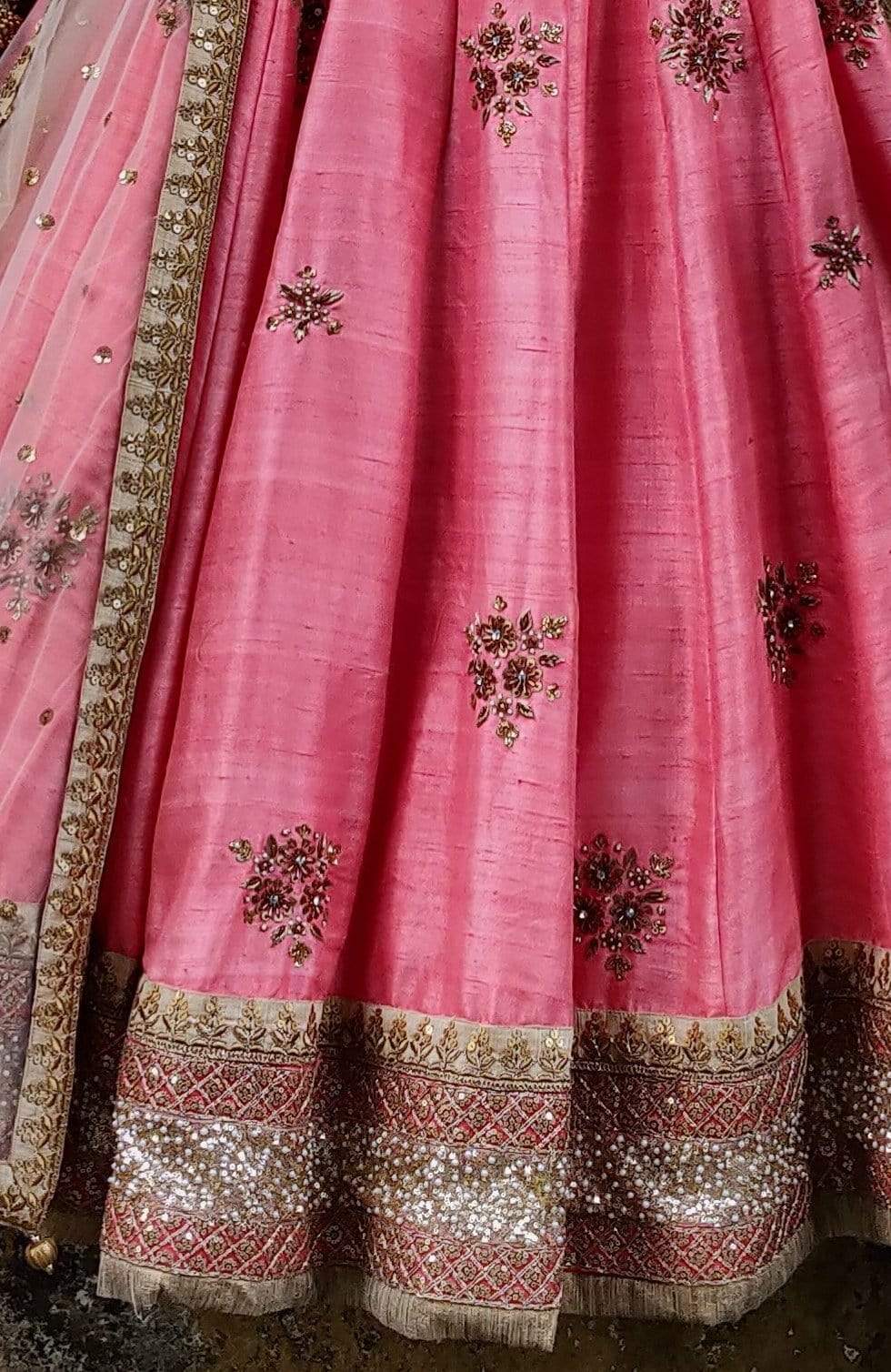 Peach Pink and Gold Raw Silk Lehenga Set Priti Sahni - Fabilicious Fashion