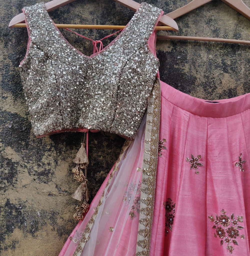 Peach Pink and Gold Raw Silk Lehenga Set Priti Sahni - Fabilicious Fashion