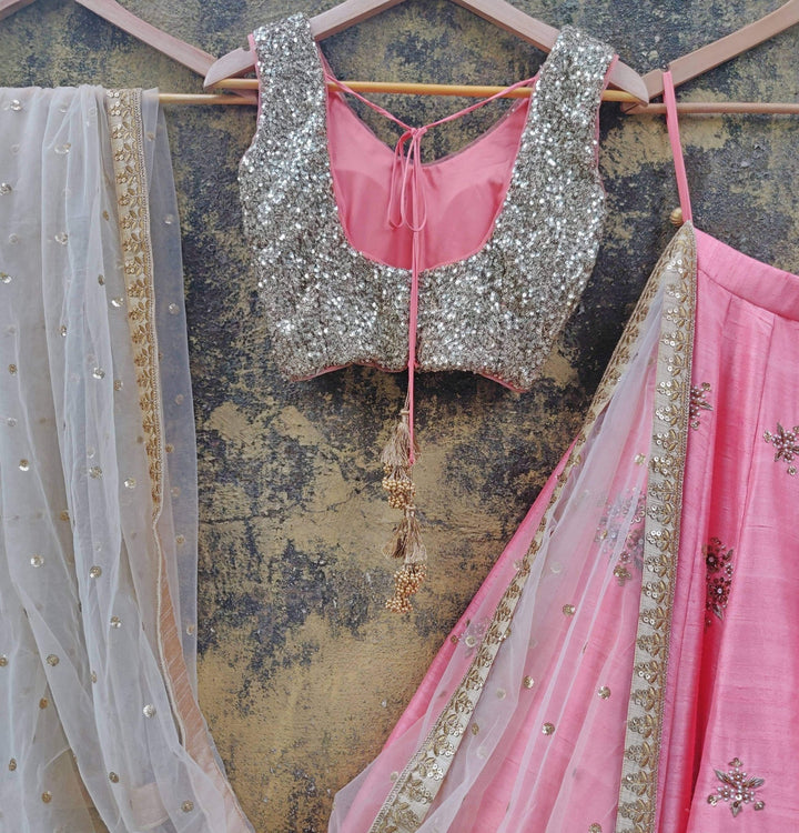 Peach Pink and Gold Raw Silk Lehenga Set Priti Sahni - Fabilicious Fashion