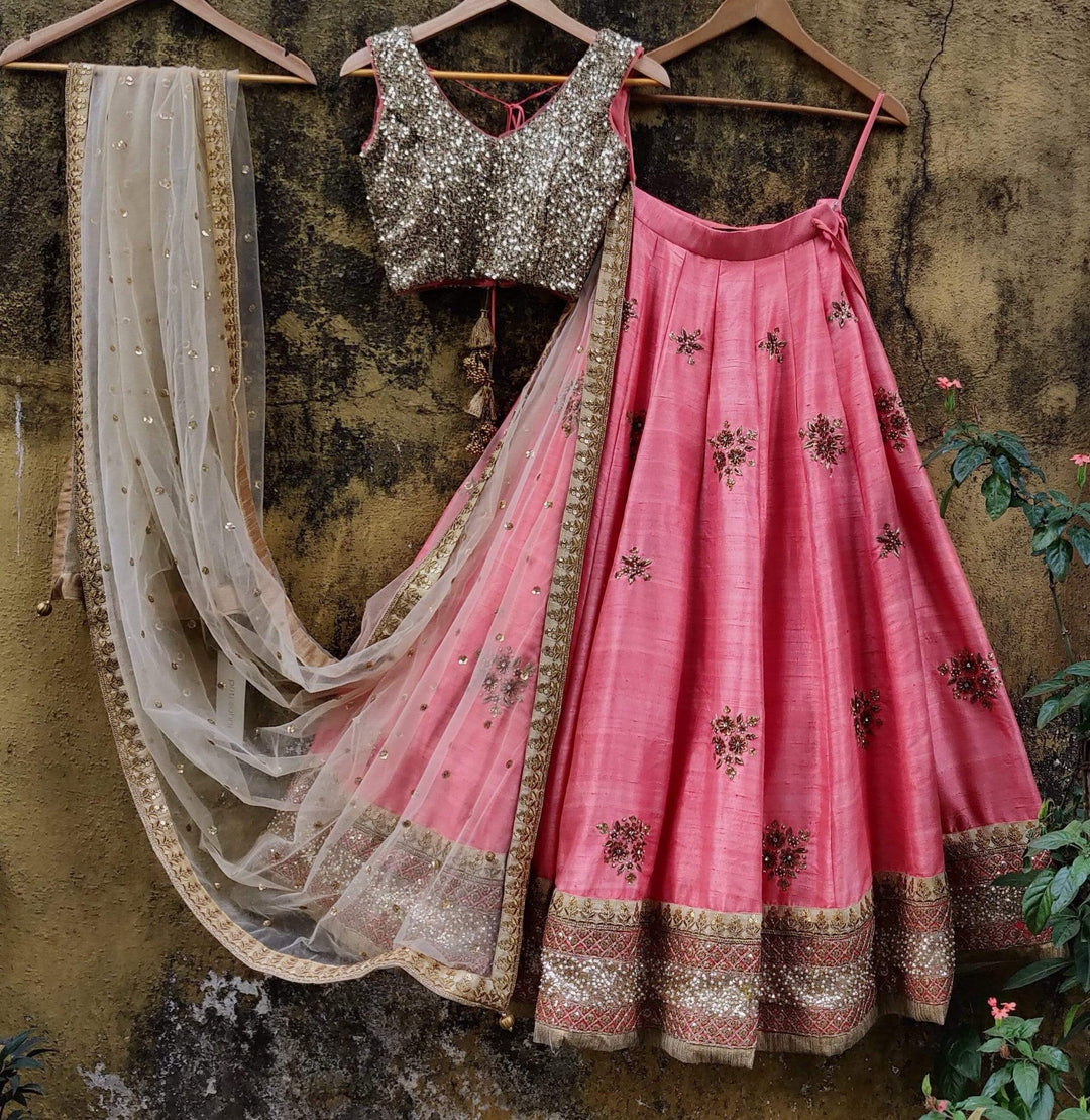 Peach Pink and Gold Raw Silk Lehenga Set Priti Sahni - Fabilicious Fashion