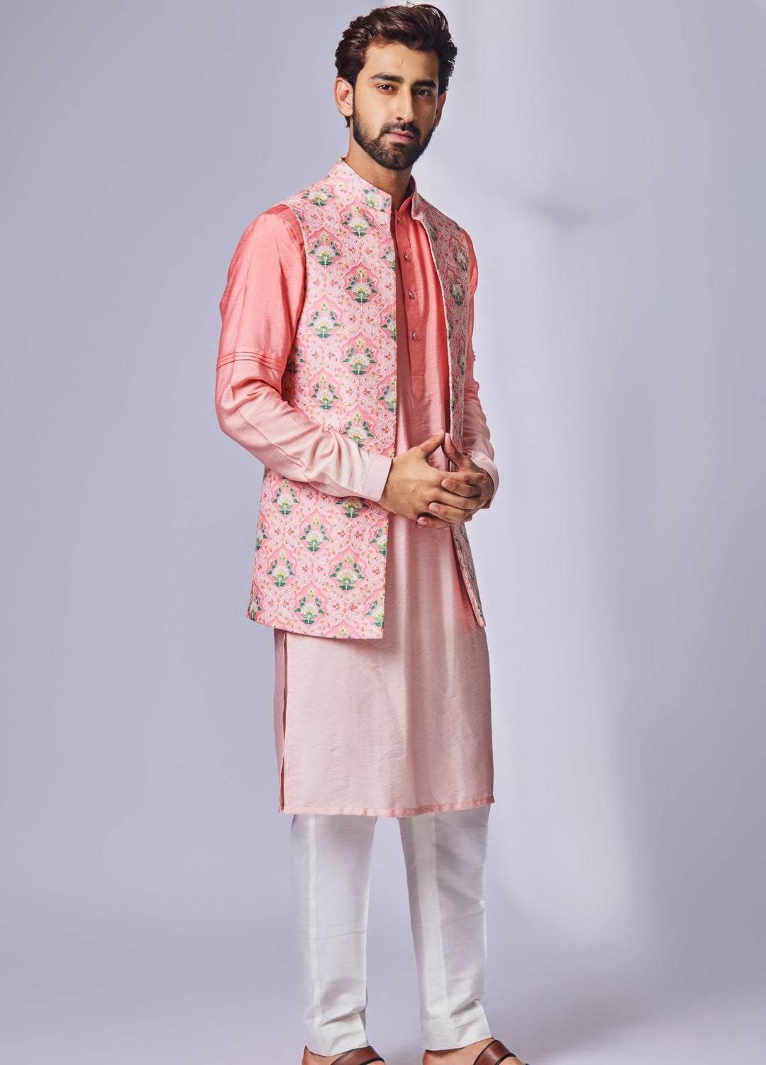 Peach Pink Floral Printed Jacket Set Chatenya Mittal - Fabilicious Fashion