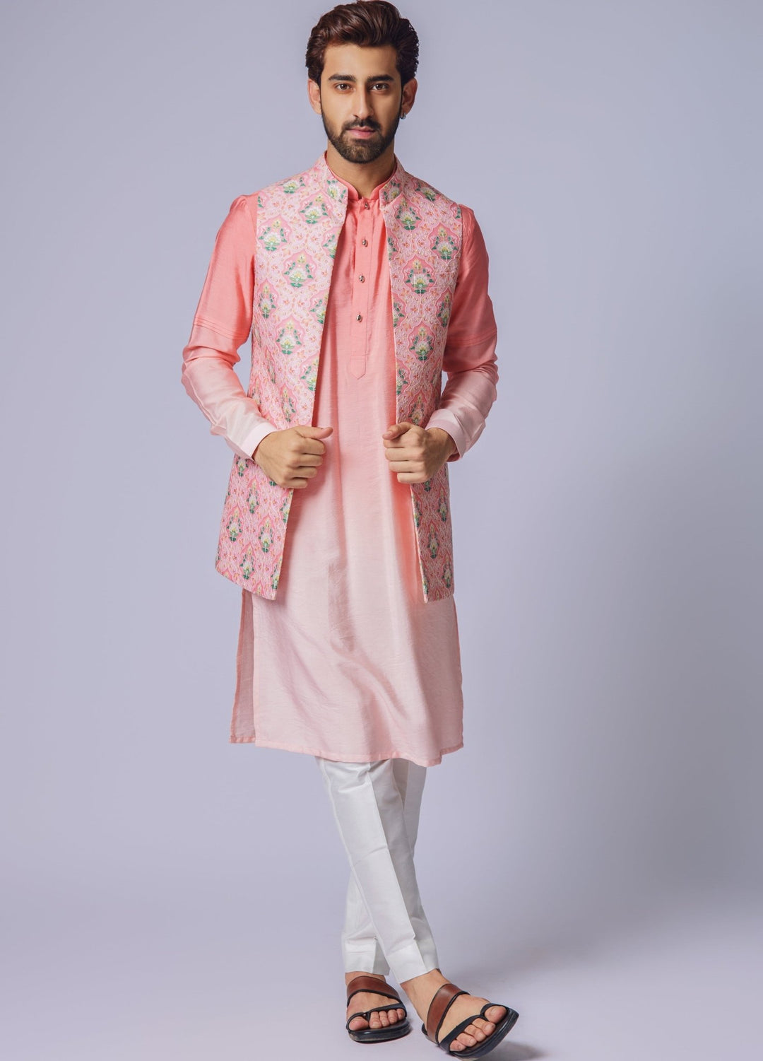 Peach Pink Floral Printed Jacket Set Chatenya Mittal - Fabilicious Fashion
