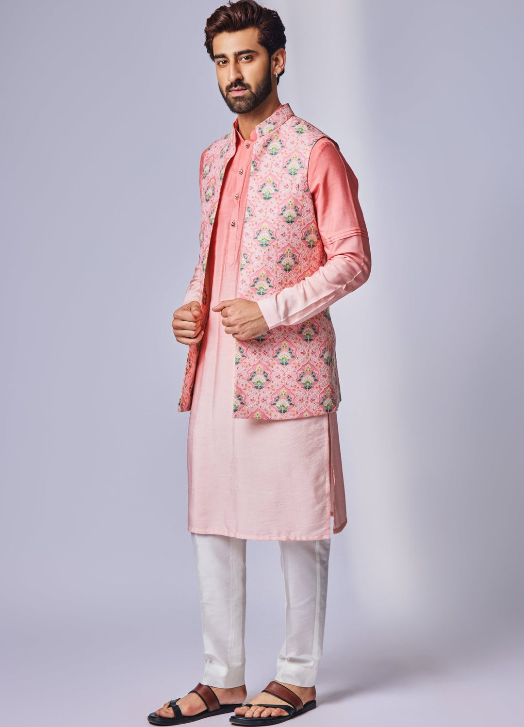 Peach Pink Floral Printed Jacket Set Chatenya Mittal - Fabilicious Fashion