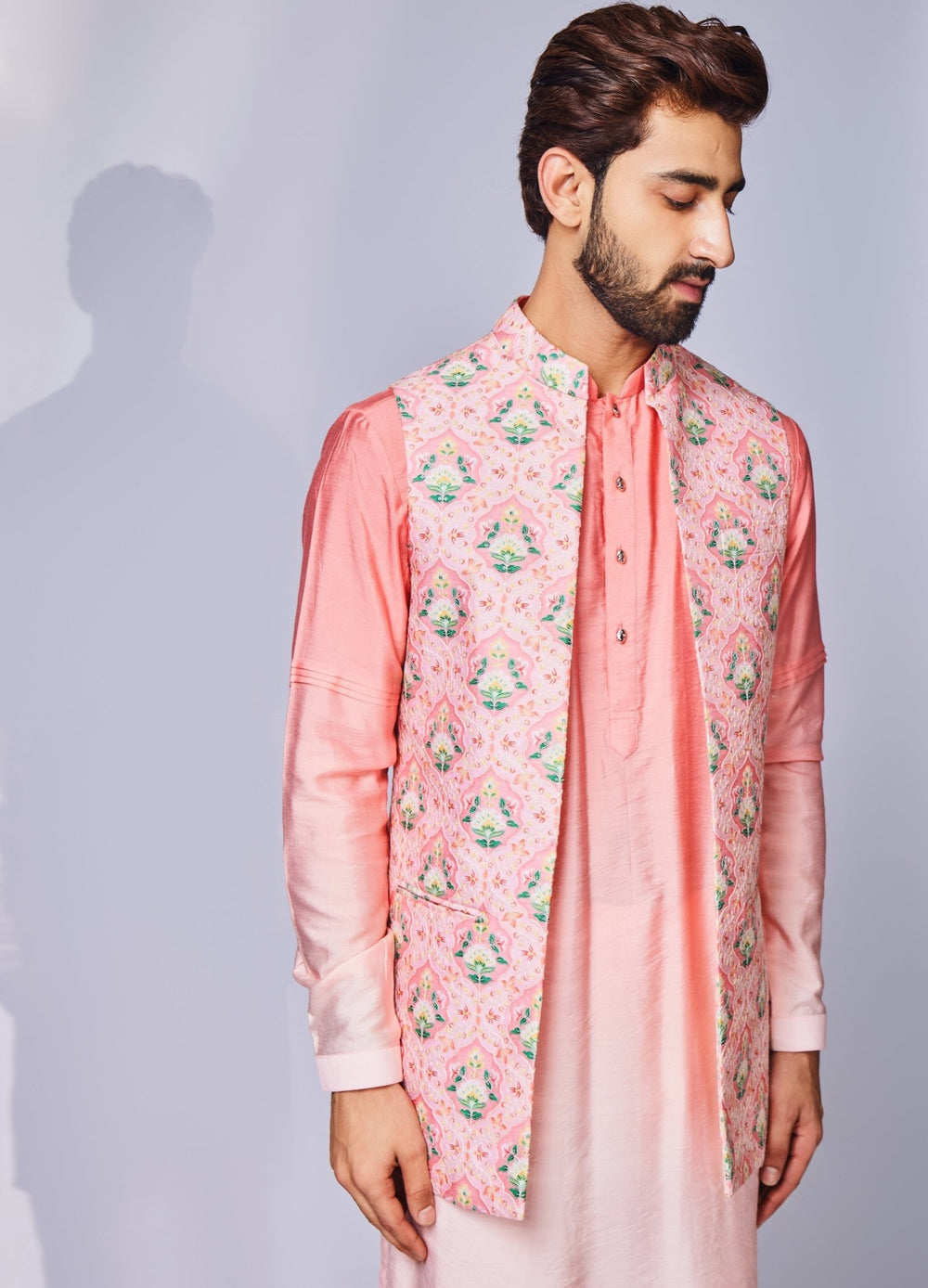Peach Pink Floral Printed Jacket Set Chatenya Mittal - Fabilicious Fashion