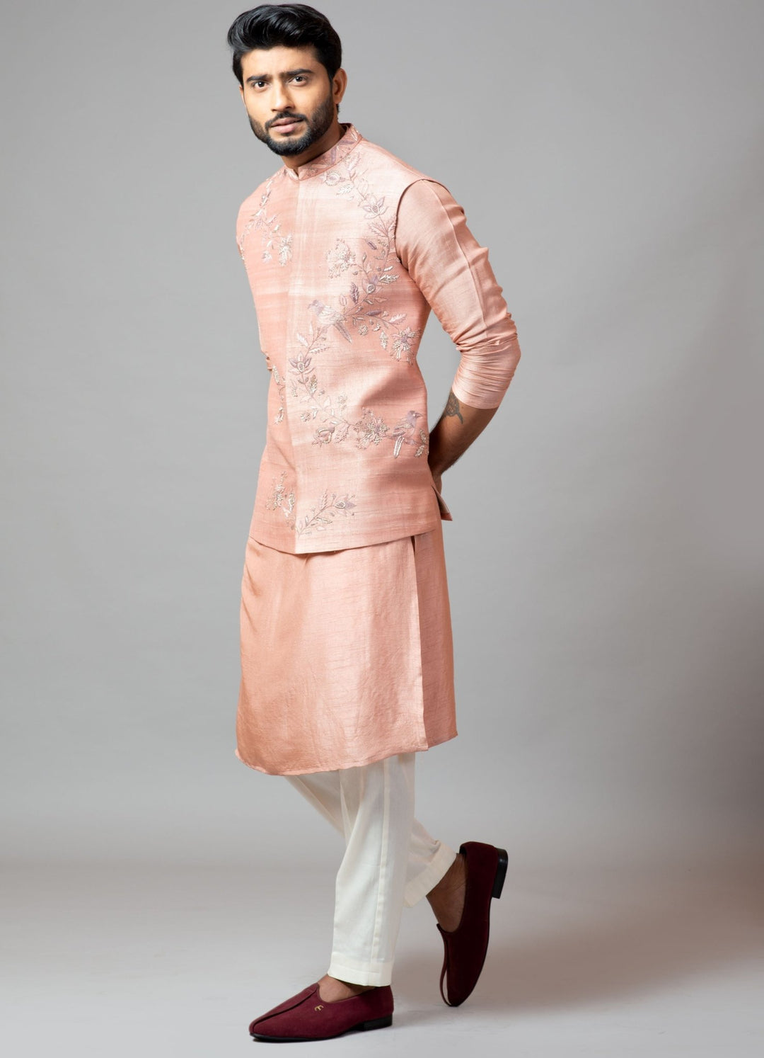 Peach Pink Nehru Jacket And Kurta Set With Hand Embroidery Smriti - Fabilicious Fashion