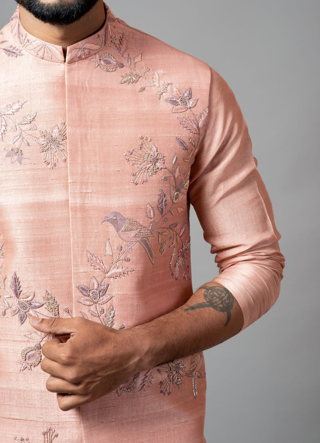 Peach Pink Nehru Jacket And Kurta Set With Hand Embroidery Smriti - Fabilicious Fashion