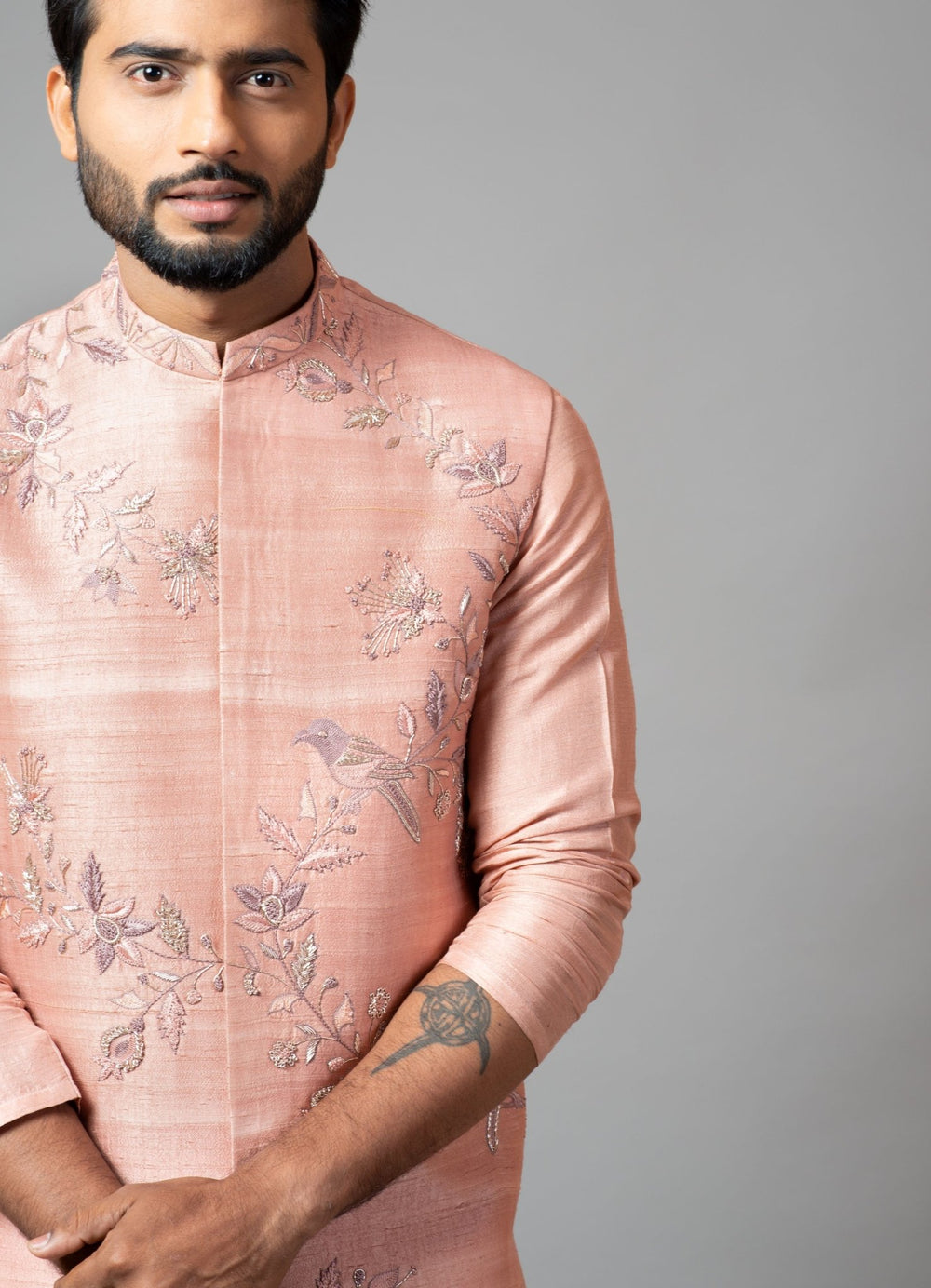 Peach Pink Nehru Jacket And Kurta Set With Hand Embroidery Smriti - Fabilicious Fashion