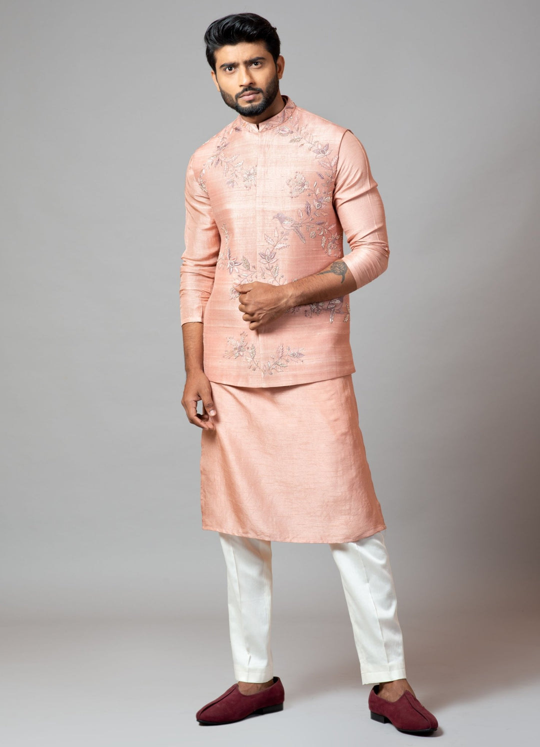 Peach Pink Nehru Jacket And Kurta Set With Hand Embroidery Smriti - Fabilicious Fashion