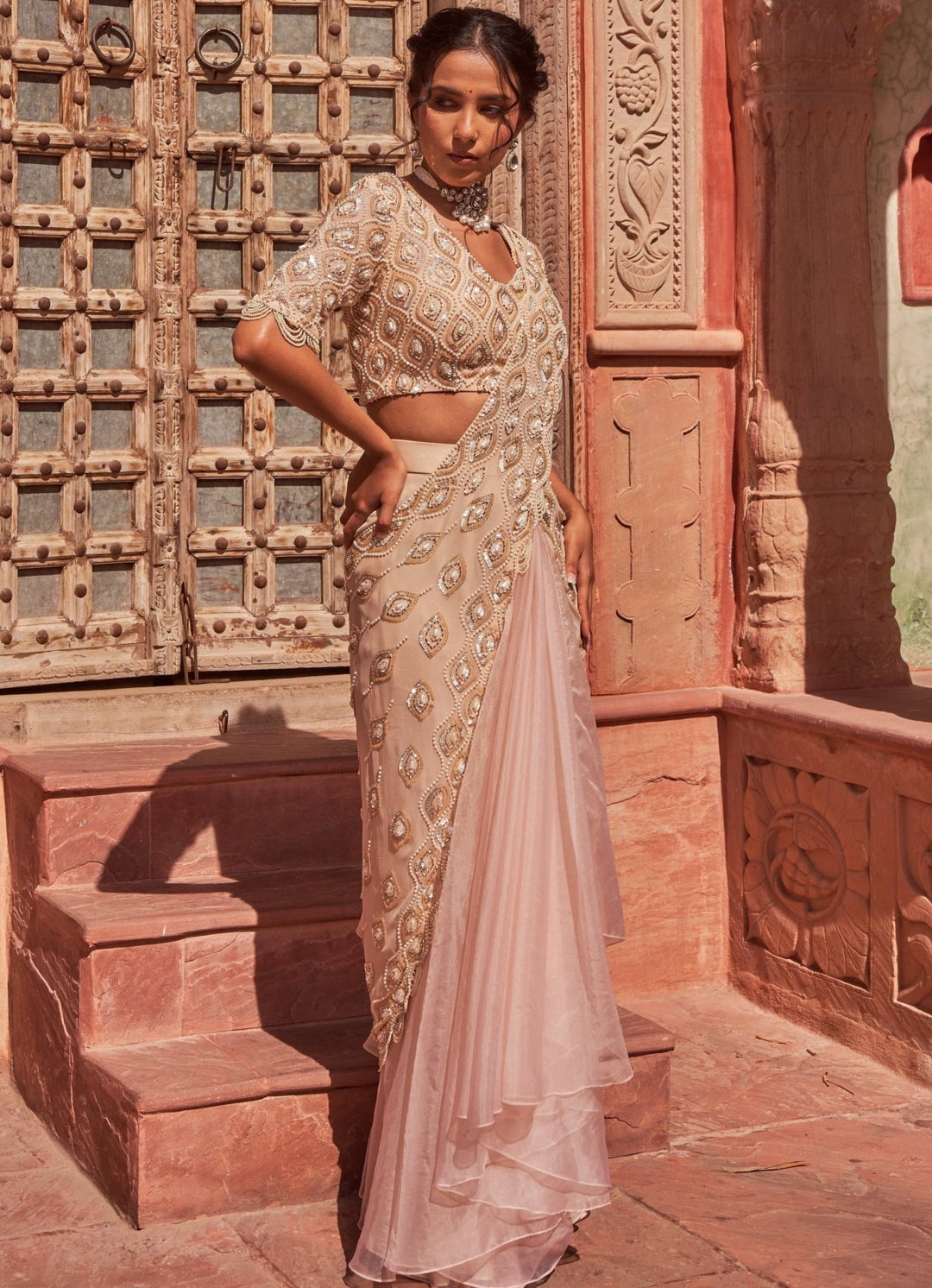 Peach Pre-Draped Ruffled Embellished Silk Saree With Blouse Nidhika Shekhar - Fabilicious Fashion
