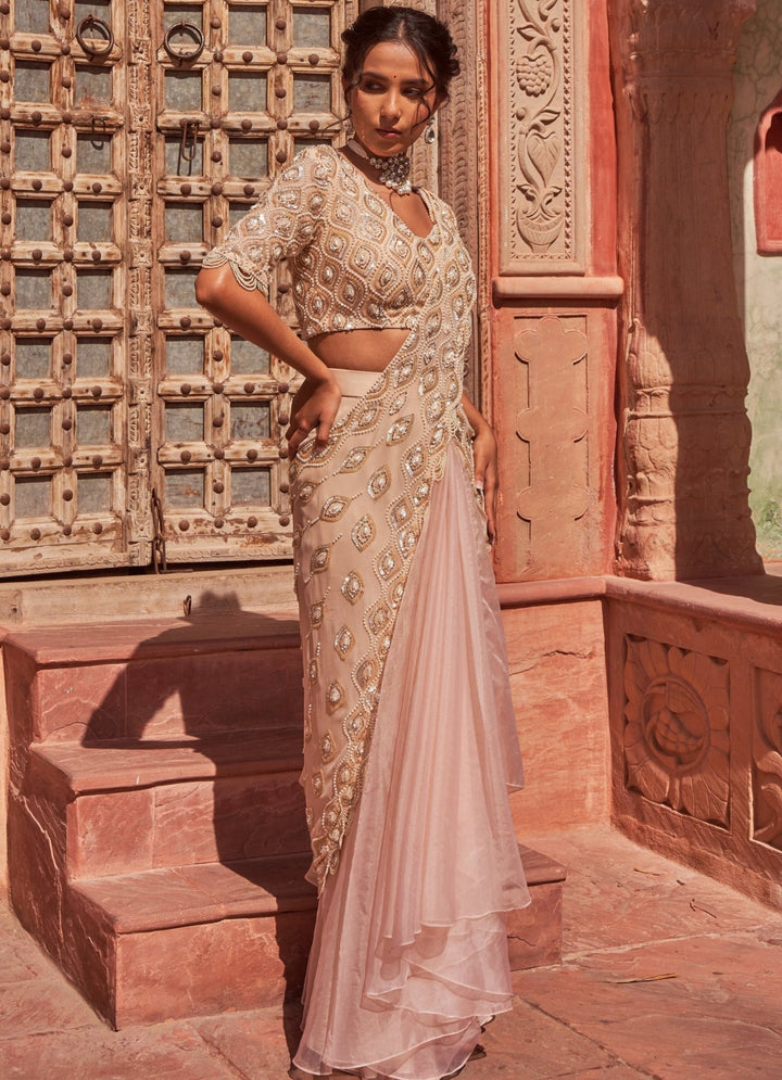 Peach Pre-Draped Ruffled Embellished Silk Saree With Blouse Nidhika Shekhar - Fabilicious Fashion