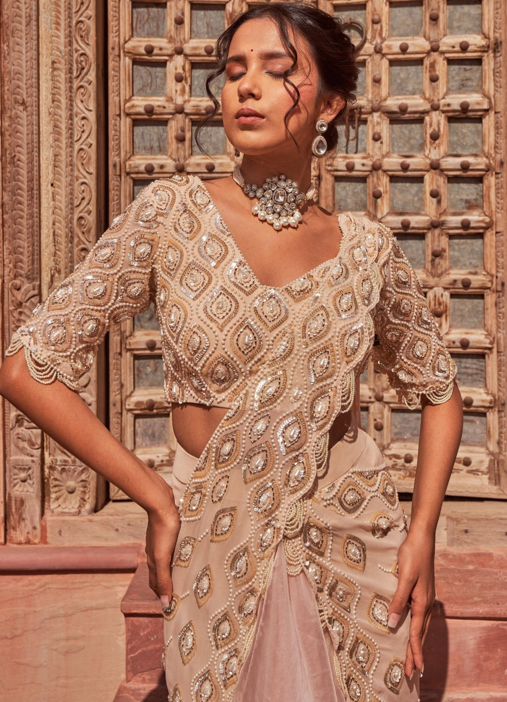 Peach Pre-Draped Ruffled Embellished Silk Saree With Blouse Nidhika Shekhar - Fabilicious Fashion