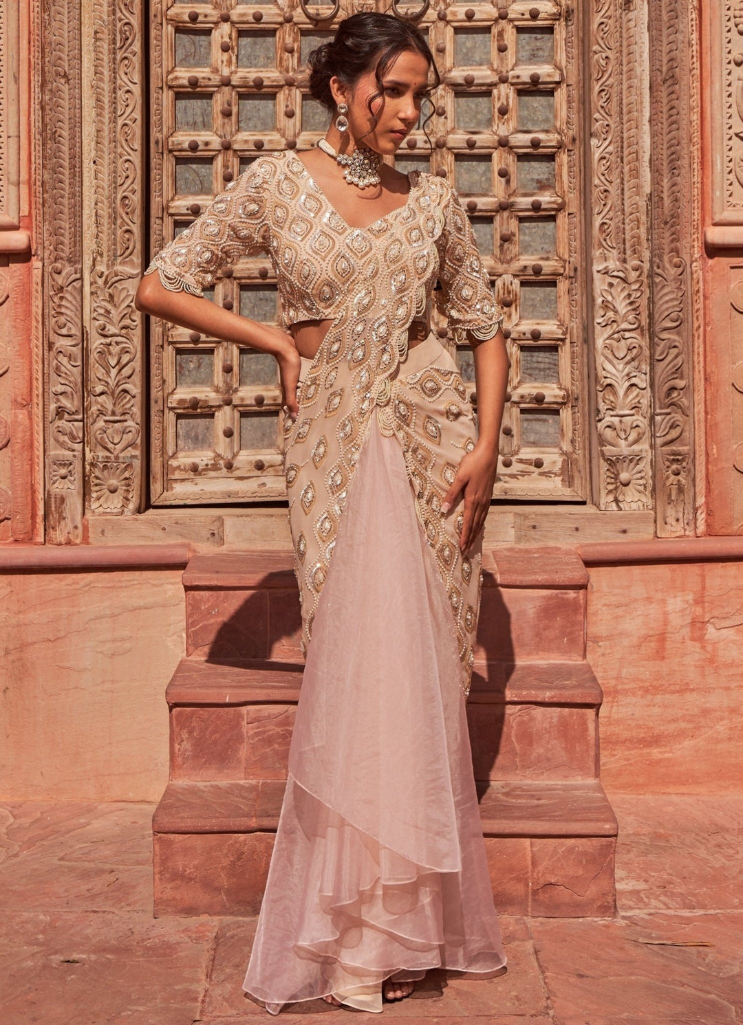 Peach Pre-Draped Ruffled Embellished Silk Saree With Blouse Nidhika Shekhar - Fabilicious Fashion