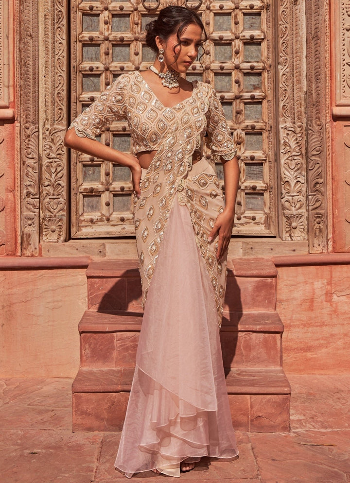 Peach Pre-Draped Ruffled Embellished Silk Saree With Blouse Nidhika Shekhar - Fabilicious Fashion