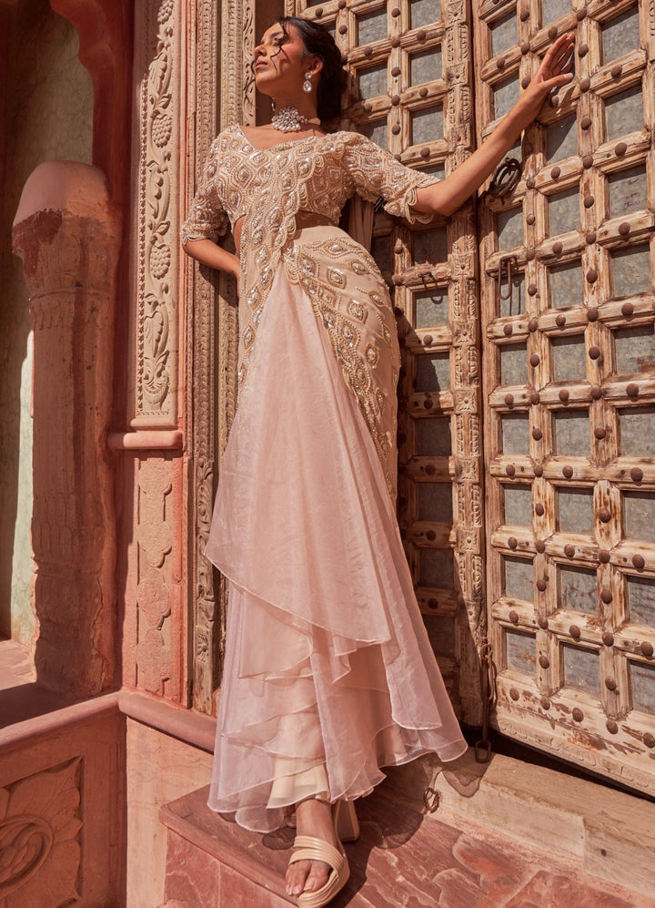 Peach Pre-Draped Ruffled Embellished Silk Saree With Blouse Nidhika Shekhar - Fabilicious Fashion