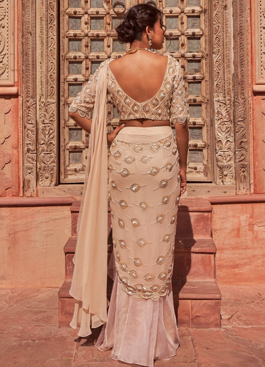 Peach Pre-Draped Ruffled Embellished Silk Saree With Blouse Nidhika Shekhar - Fabilicious Fashion