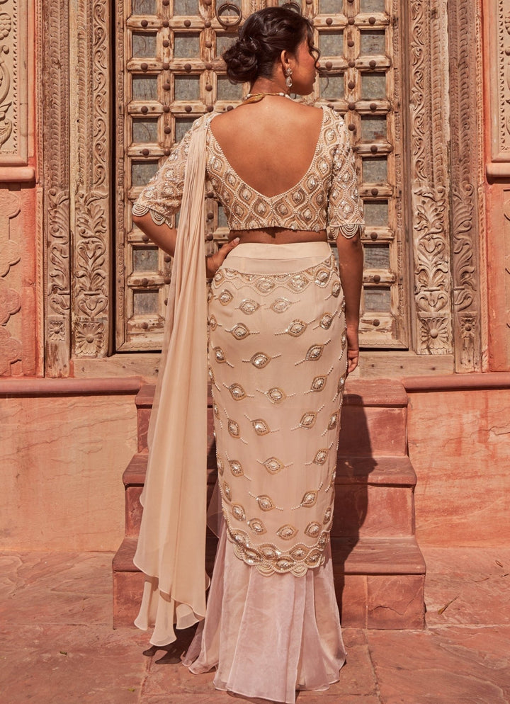Peach Pre-Draped Ruffled Embellished Silk Saree With Blouse Nidhika Shekhar - Fabilicious Fashion