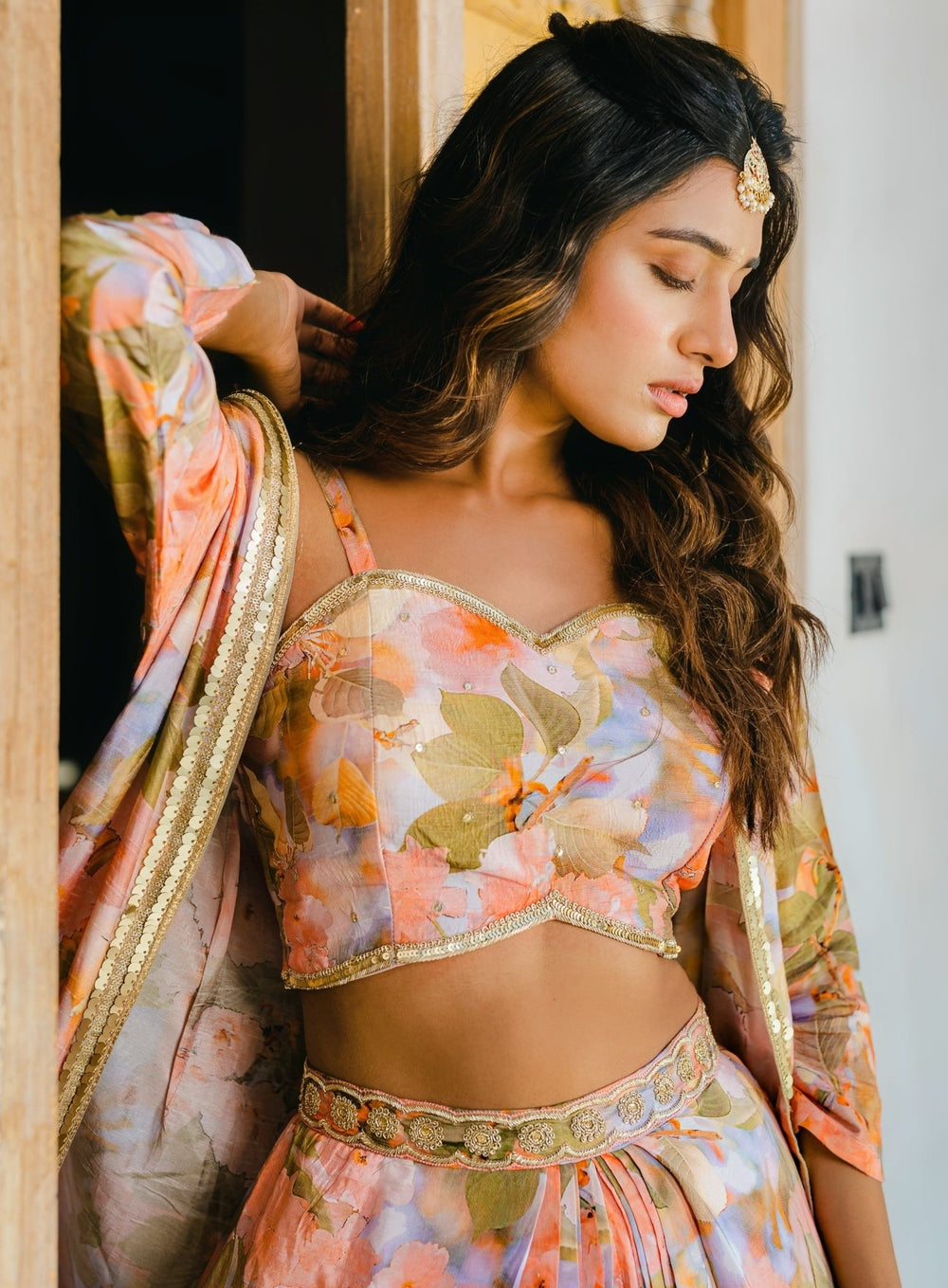 Peach Printed and Embellished Lehenga Set With Long Jacket Redpine - Fabilicious Fashion