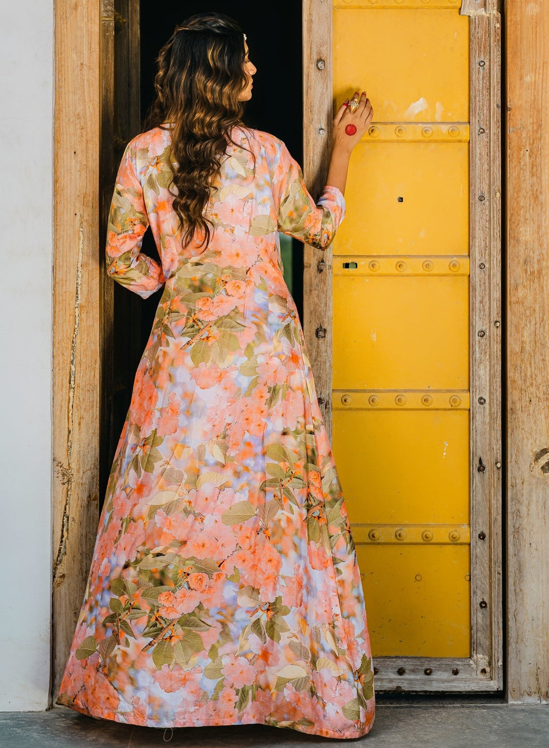 Peach Printed and Embellished Lehenga Set With Long Jacket Redpine - Fabilicious Fashion
