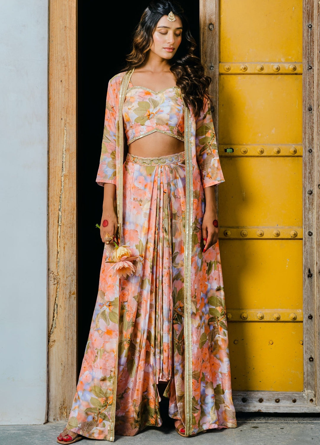 Peach Printed and Embellished Lehenga Set With Long Jacket Redpine - Fabilicious Fashion